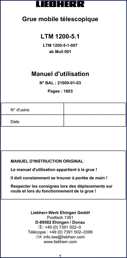 Liebherr LTM 1200-5.1 mobile crane operators manual cover page showing crane and model number