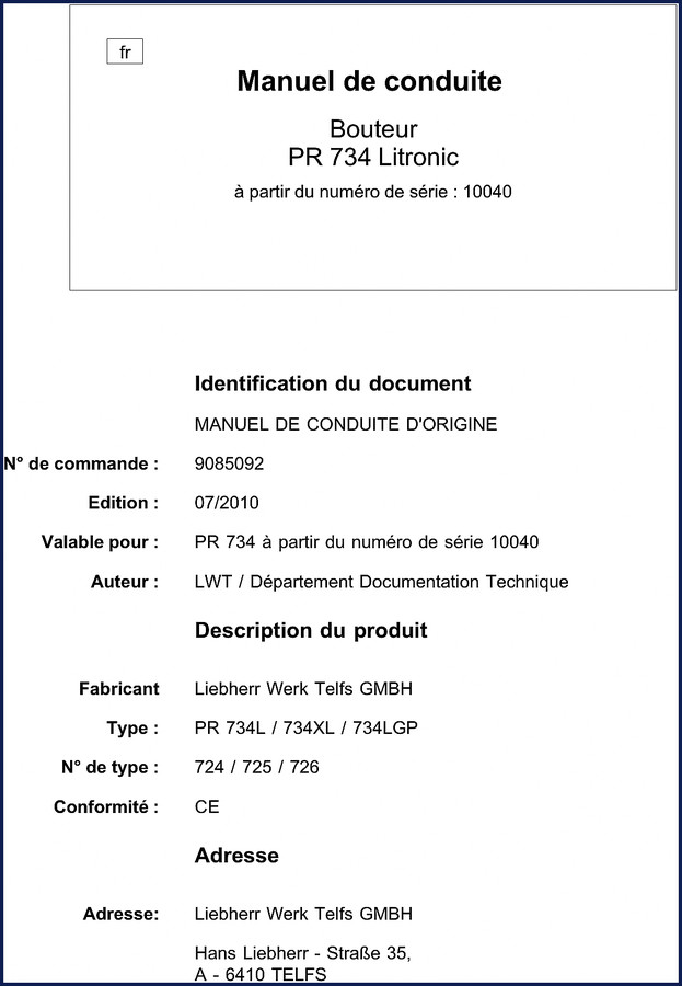 Liebherr PR 734 bulldozer user manual cover 2010 factory OEM