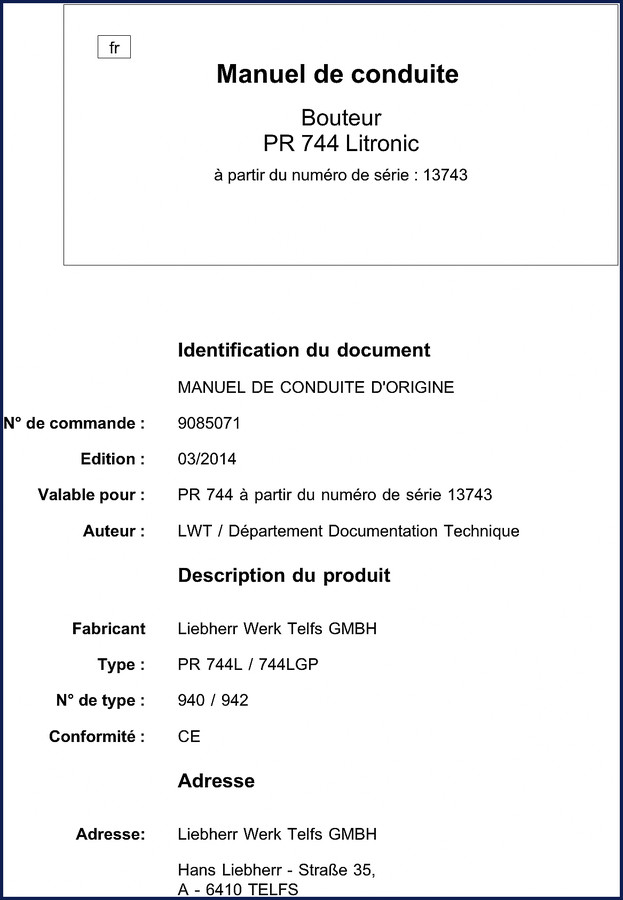 Liebherr PR 744 2014 OEM Operators Manual cover showing dozer and model designation