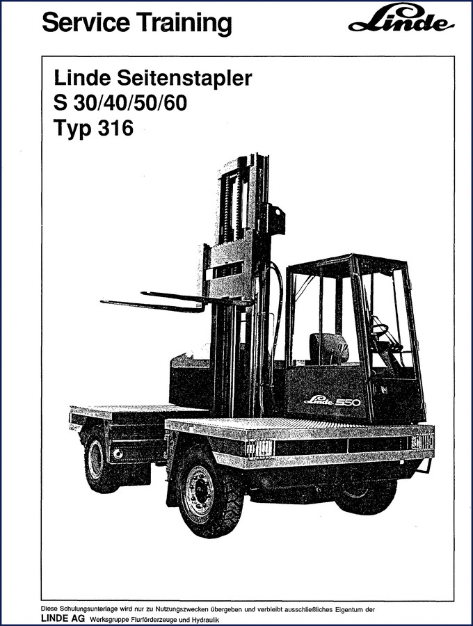 Linde S30/40/50/60 training manual cover showing forklift side loader type 316