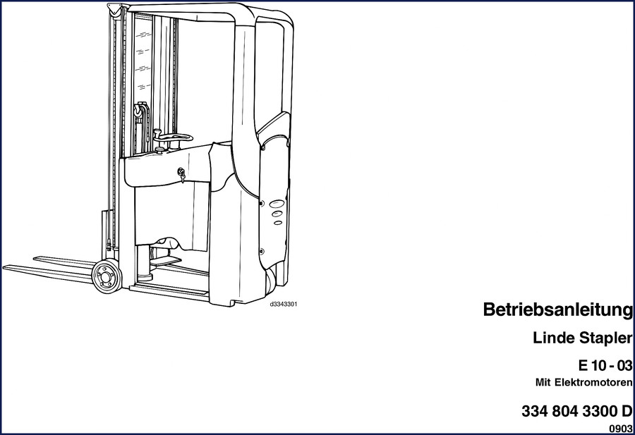 Linde E 10-03 2003 Operators Manual cover showing forklift diagram