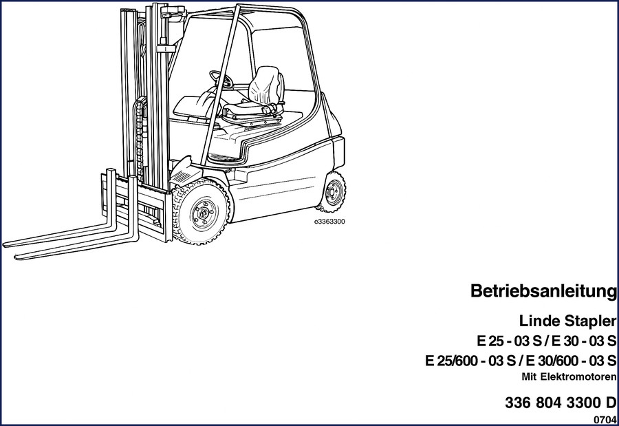 Linde E 25-03 S electric forklift operators manual 2004 front cover