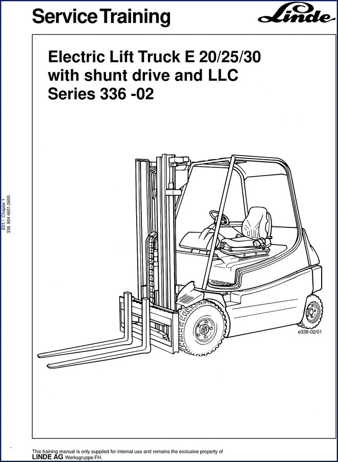 Linde E20 E25 E30 electric forklift training manual cover showing shunt drive and LLC