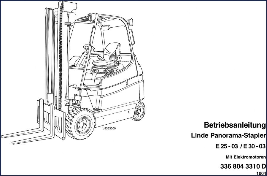 Linde E25-03 and E30-03 2004 Operators Manual cover showing panorama forklift
