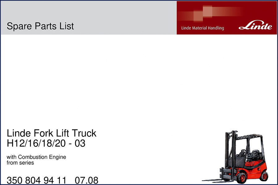 Linde H12 H16 H18 H20 2008 Parts Catalog cover page showing forklift and engine diagrams
