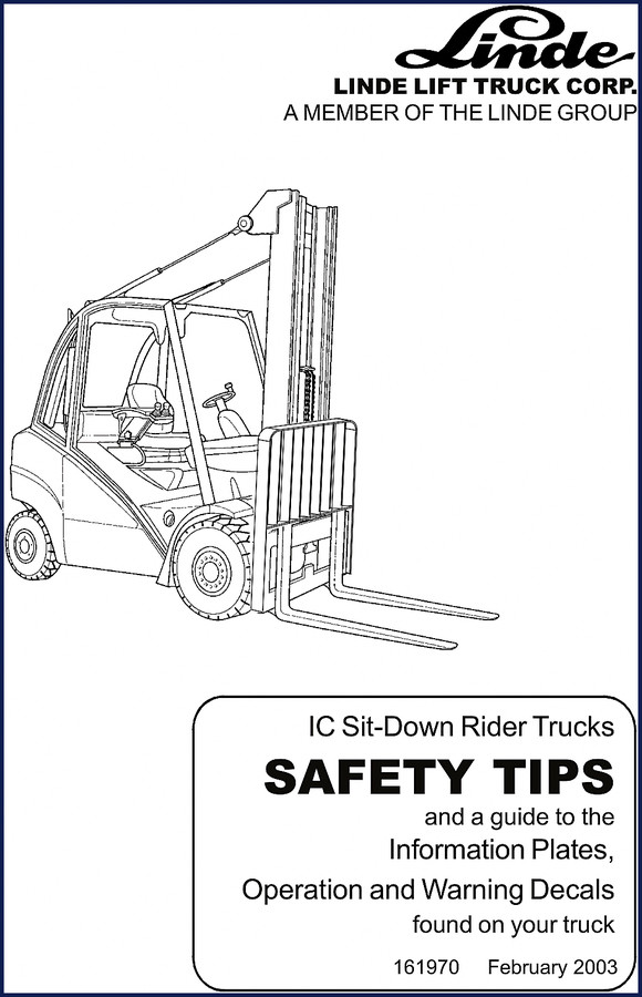 Linde IC Sit-Down Rider Trucks 2003 User Manual cover page showing safety decal guide