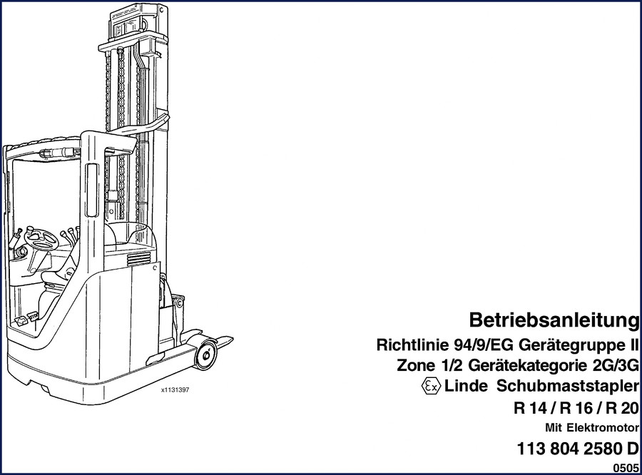Linde R14 R16 R20 factory user manual cover showing reach truck