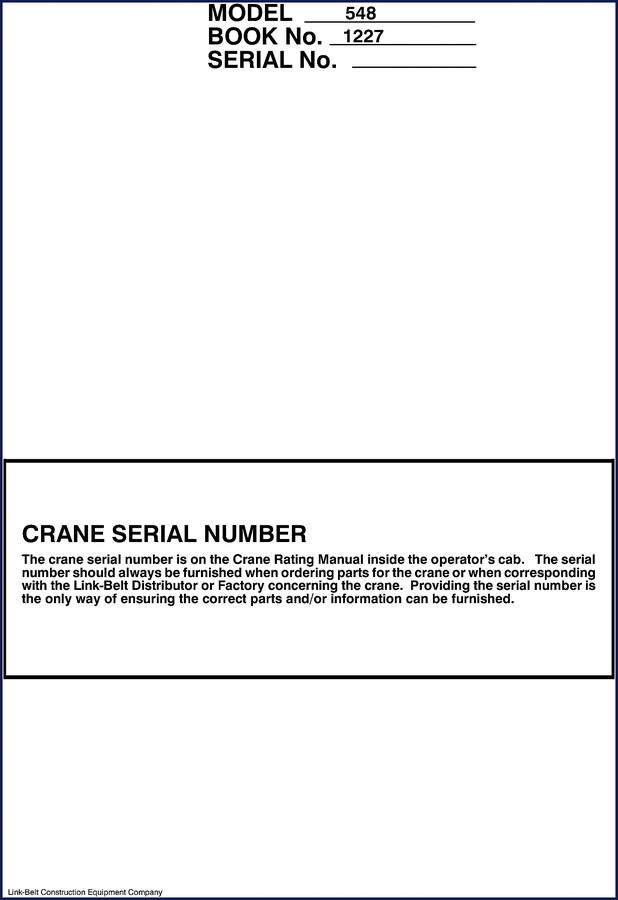Link-belt 548 workshop manual cover – factory service manual for crane repair
