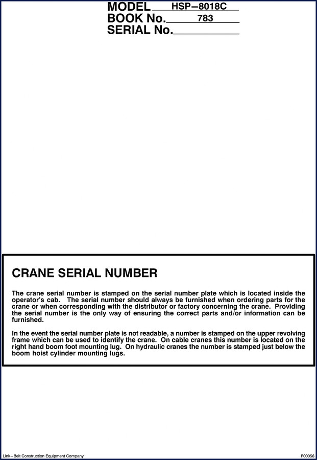 Link-belt HSP-8018C Technical Manual cover showing crane and OEM documentation