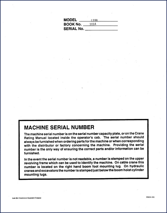 Link-belt LS98, 98, 118 Operators Manual – 122 pages OEM factory document for cranes and excavators