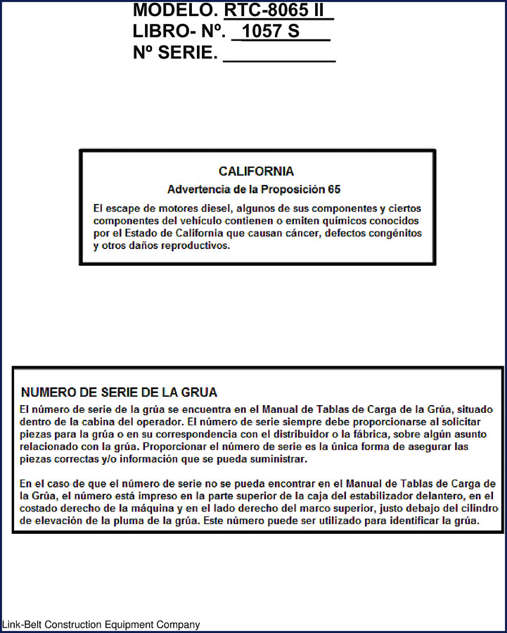 Link-belt RTC-8065 II Operators Manual – 238 pages factory OEM documentation for crane operation and safety