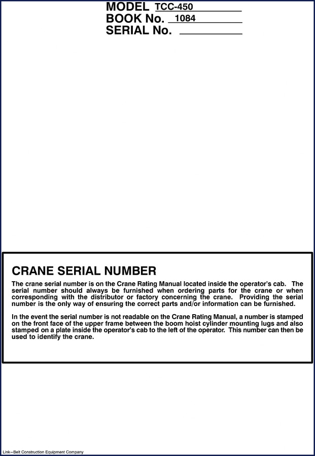 Link-belt TCC-450 Operators Manual cover – 936 pages OEM factory document