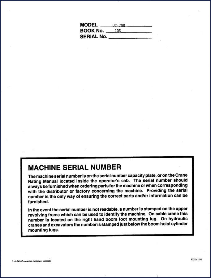 Link-belt UC-78B 1992 Service Manual cover page showing serial number and model