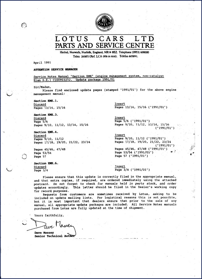 1991 Lotus Elan Turbo Service Manual cover showing Section EMK engine management details