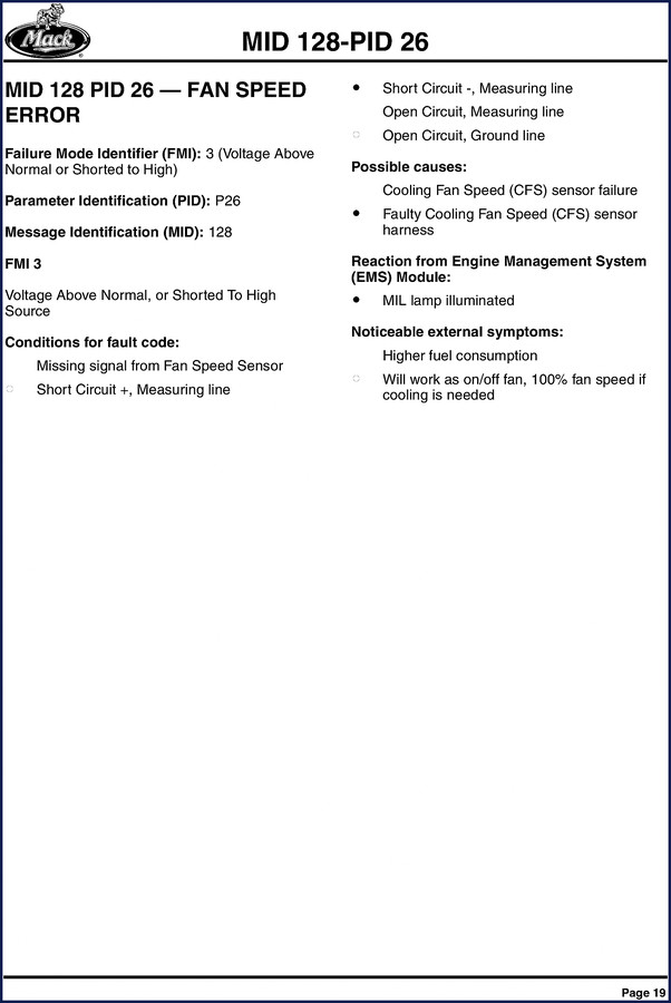 Mack MID 128 Diagnostics Manual - 103 pages, factory OEM document showing fan speed error procedures