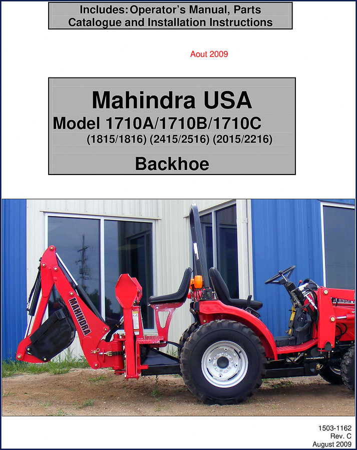 Mahindra 1710A 2009 Operators Manual cover showing backhoe attachment