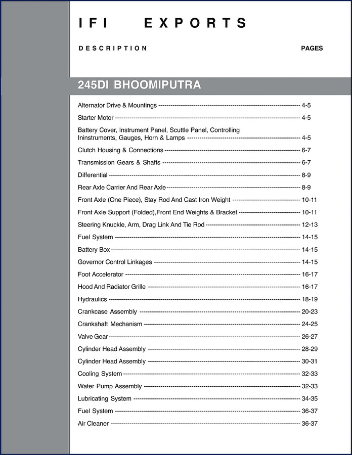 Mahindra 245DI Bhoomiputra Tractor Parts Catalog cover page showing 35 pages OEM manual
