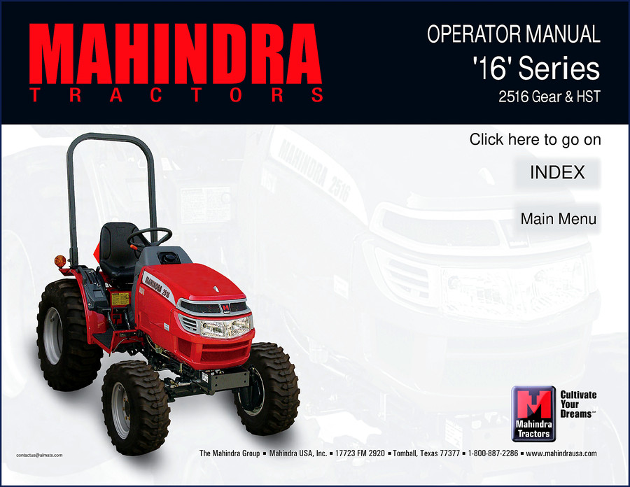 Mahindra 2516 operator manual cover page showing controls diagram