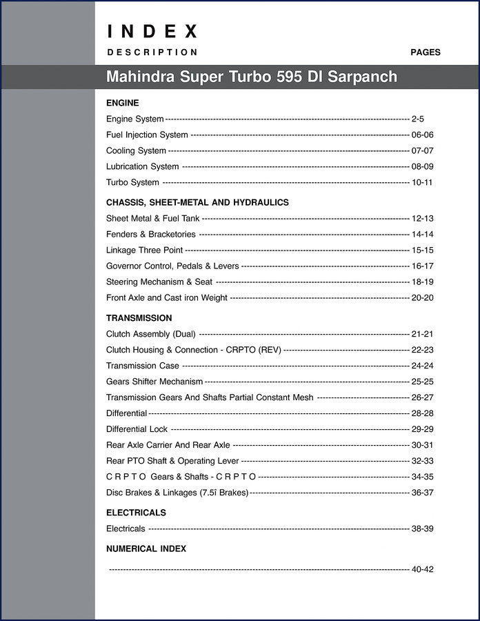 Mahindra 595 DI Sarpanch and 595 DI TC Parts Catalog – 21-page factory document showing engine, fuel, cooling, and transmission parts breakdown