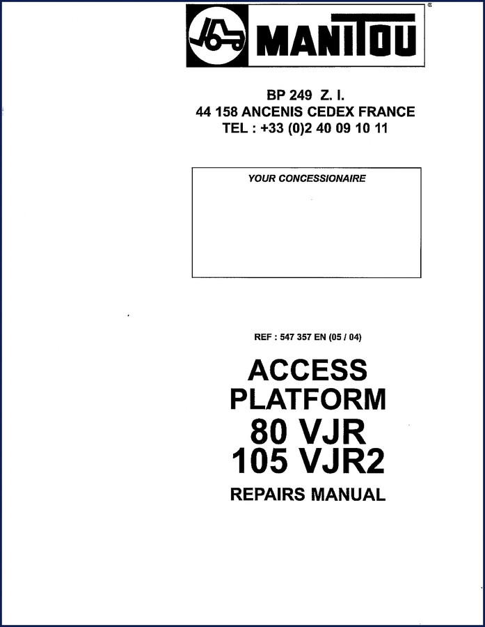 Manitou 80 VJR, 105 VJR 2, 110 VJR 2 2005 Parts Catalog cover - OEM factory parts manual