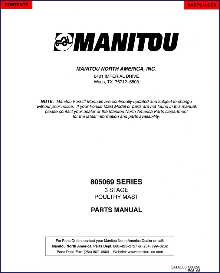 Manitou 805069 Parts Catalog cover showing 3-stage poultry mast and model number