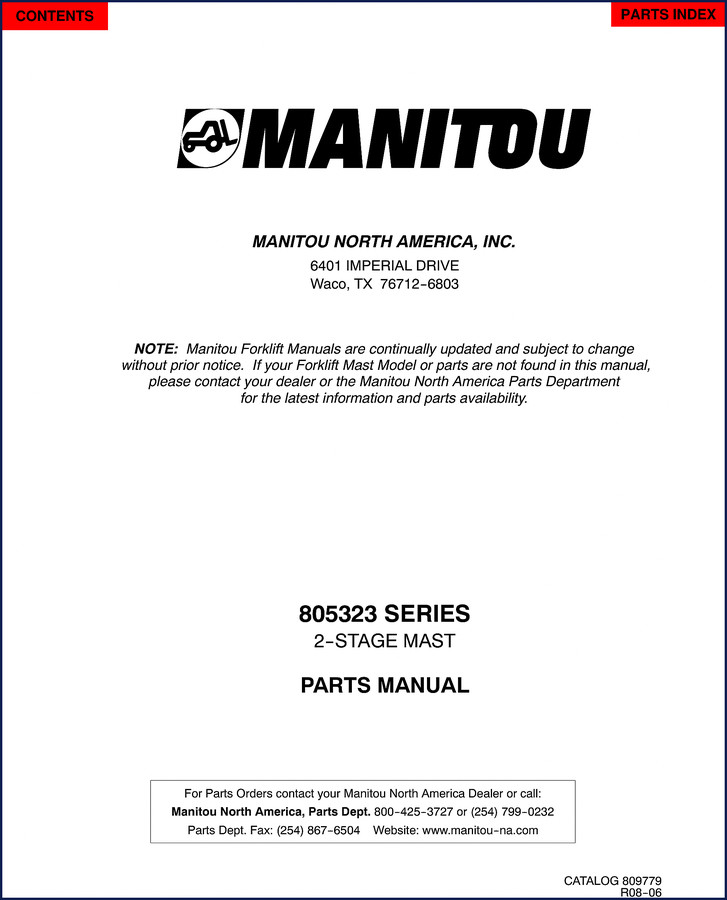 Manitou 805323 2-Stage Mast Parts Manual cover with parts index and Manitou North America logo