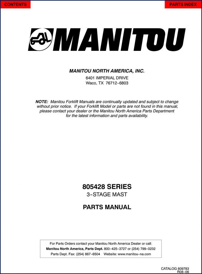 Manitou 805428 3-stage mast parts catalog cover showing OEM factory document