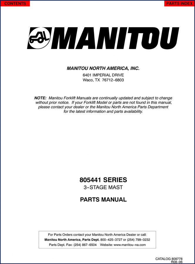 Manitou 805441 2008 Parts Catalog cover showing 3-stage mast assembly diagram