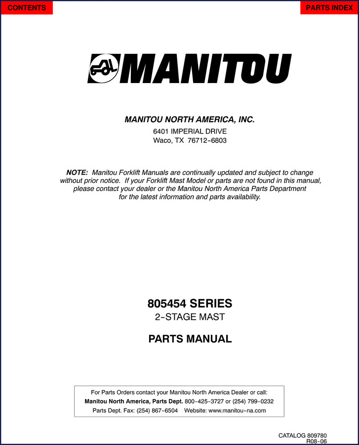 Manitou 805454 2-Stage Mast Parts Catalog cover - 24 pages