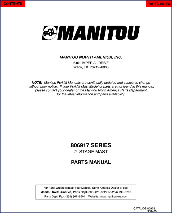 Manitou 806917 2-stage mast parts catalog cover page