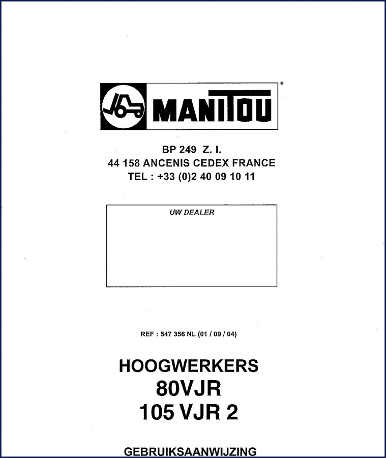 Manitou 80VJR 105 VJR 2 2002 User Manual cover showing telehandler and model numbers