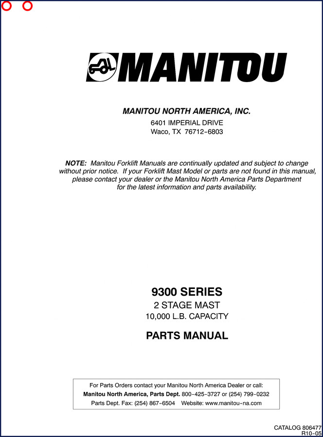 Manitou 9300 Series 2 Stage Mast Parts Catalog cover page