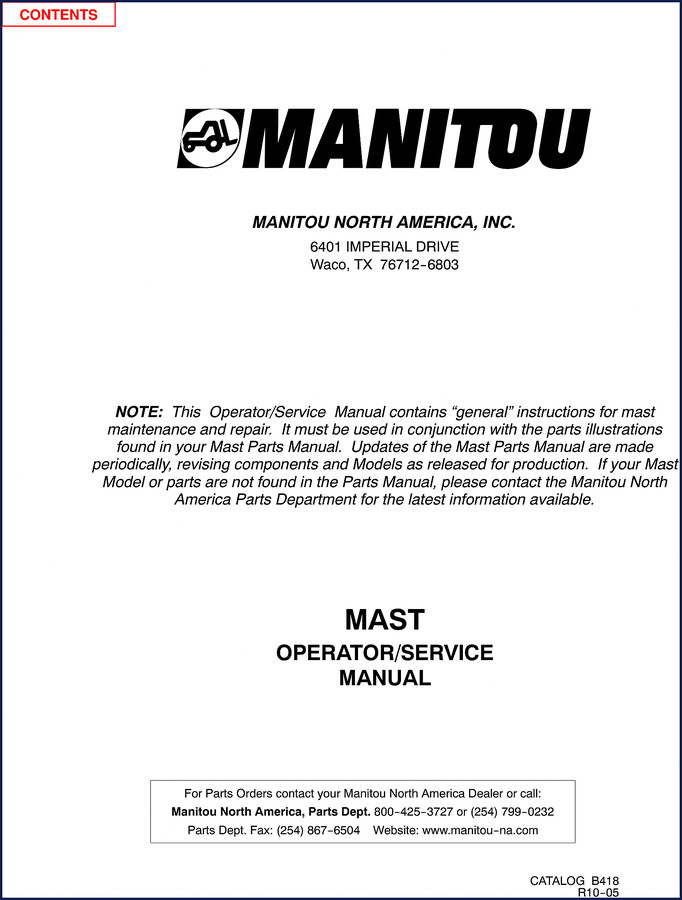Manitou B418 Operators Manual cover page showing mast components