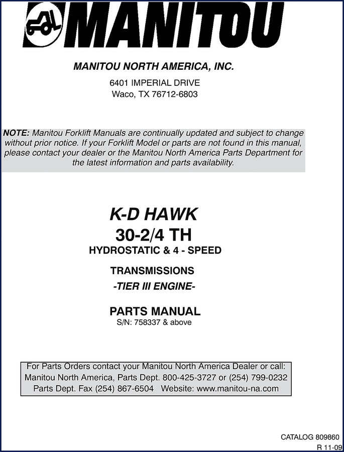 Manitou K-D HAWK 30-2 and 30-4 2009 Parts Catalog cover page