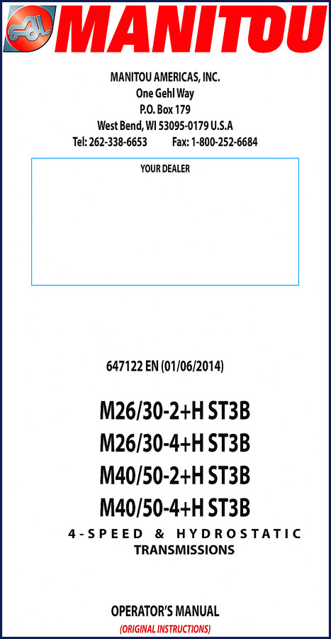 Manitou M26/30-2+H ST3B operators manual cover 2014 152 pages