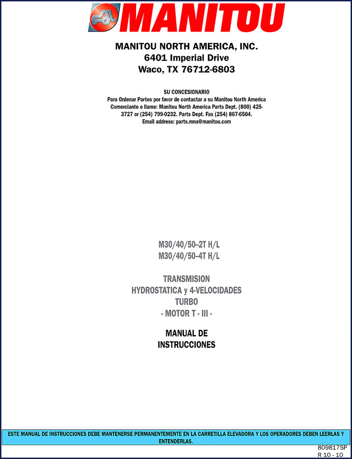 Manitou M30-2t M40-2t M50-2t M30-4t M40-4t 2010 OEM Service Manual cover