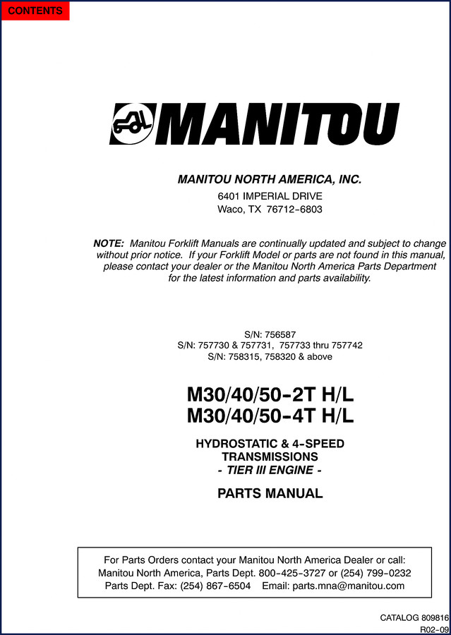 Manitou M30 M40 M50 Parts Catalog cover - 336 pages OEM factory parts documentation for Tier III forklifts