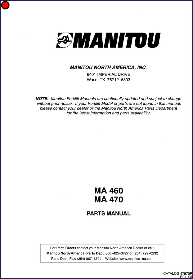 Manitou MA 460 MA 470 Parts Catalog cover - OEM factory parts manual 1132 pages