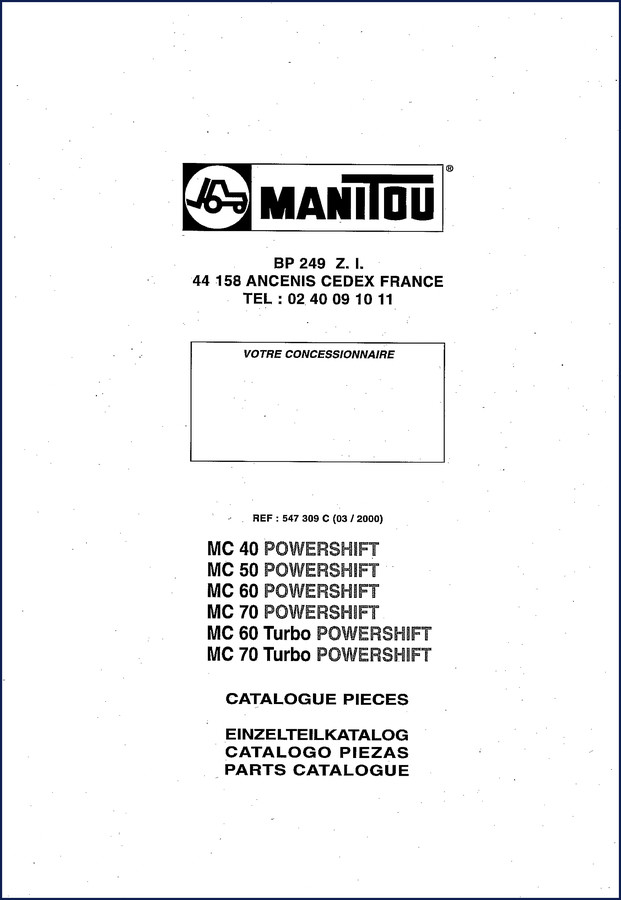Manitou MC 40 MC 50 MC 60 MC 70 2001 repair manual cover showing manufacturer and model list