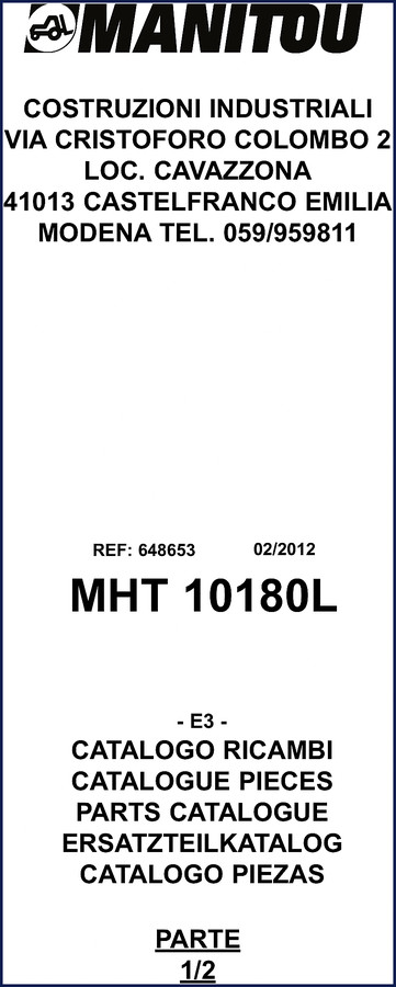 Manitou MHT 10180L 2012 Parts Catalog cover page