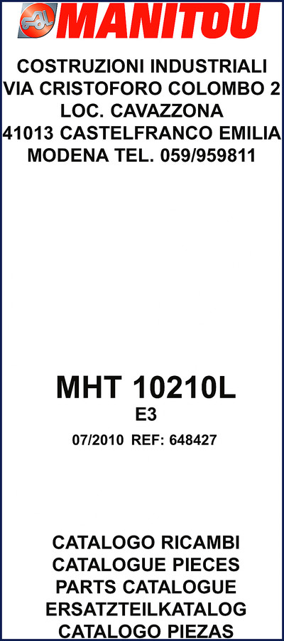 Manitou MHT 10210L 2010 Parts Catalog cover and overview