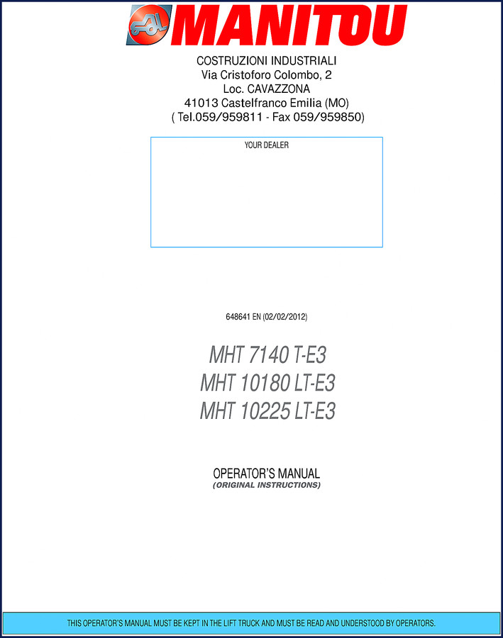 Manitou MHT 7140 T-E3, MHT 10180 LT-E3, MHT 10225 LT-E3 2012 Operators Manual cover