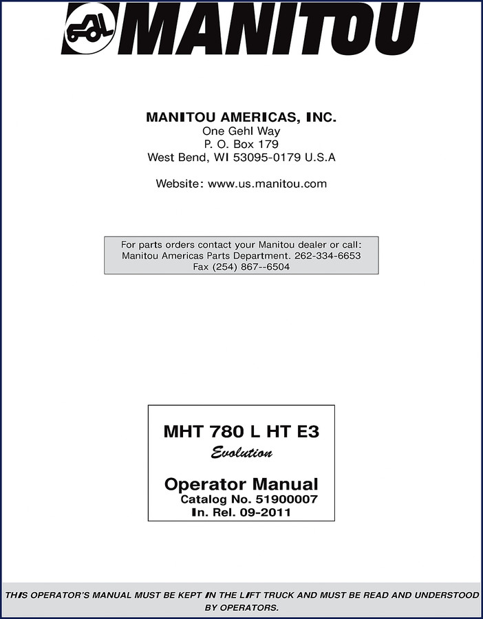 Manitou MHT 780 L HT E3 2011 Operators Manual cover showing telehandler on job site