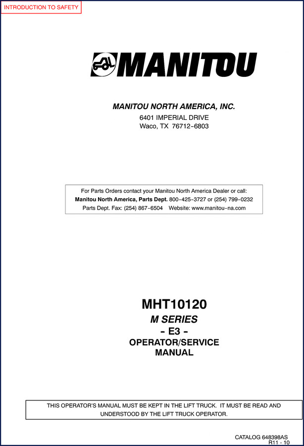 Manitou MHT10120 2010 Operators Manual front cover showing M Series telehandler