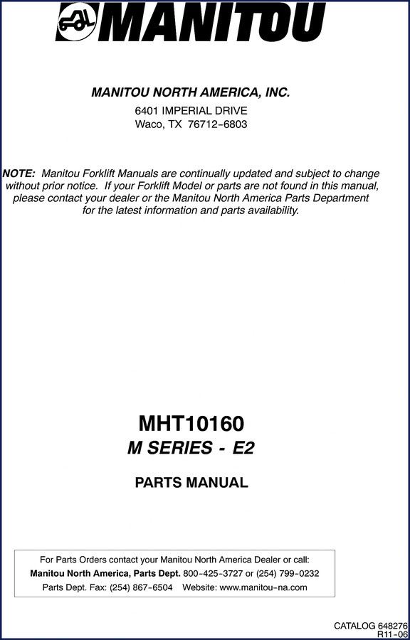 Manitou MHT10160 Operators Manual cover – 158-page OEM operator/service manual for rough terrain forklift