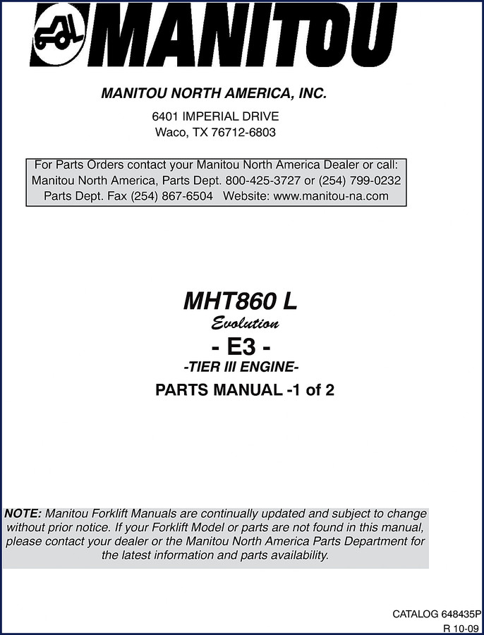 Manitou MHT860 2009 Parts Catalog cover showing model and year