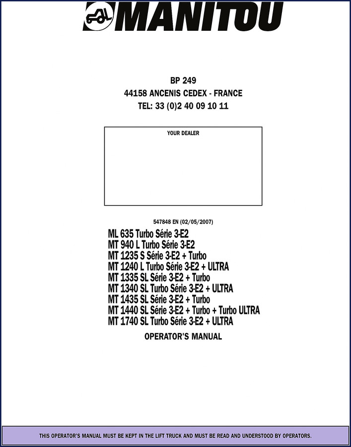 2007 Manitou ML 635 MT 940 MT 1235 MT 1240 MT 1335 Operators Manual cover