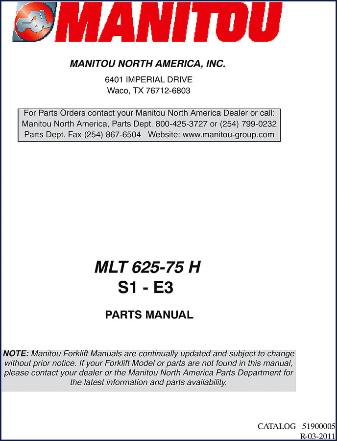 Manitou MLT 625-75 H 2011 Parts Catalog cover page showing telehandler and OEM branding