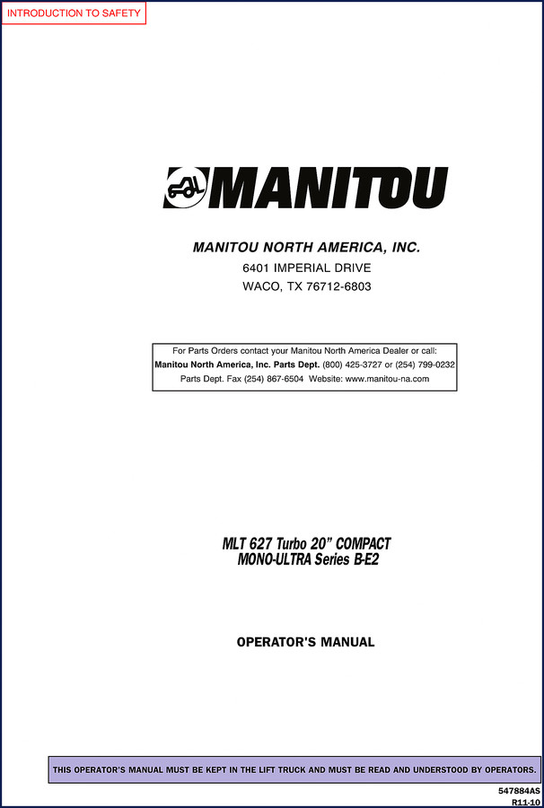 Manitou MLT 627 Operators Manual - Factory Document 130 pages
