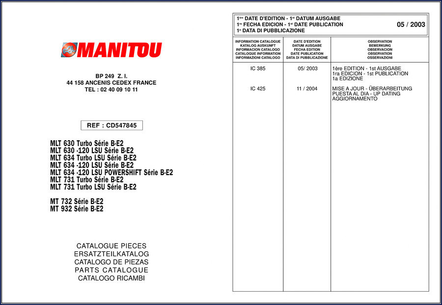 Manitou MLT 630, MLT 634, MLT 731, MLT 735, MLT 733 2010 Parts Catalog cover image